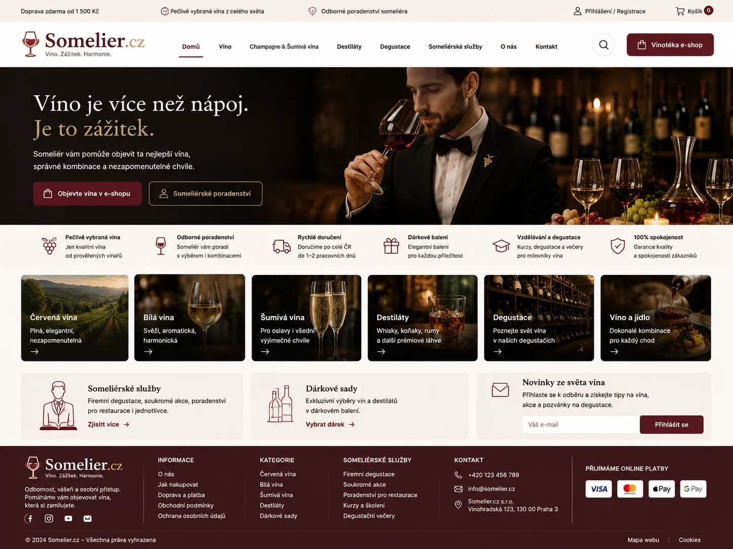 Ilustrační návrh webu Somelier.cz s vínem, degustacemi a someliérskými službami